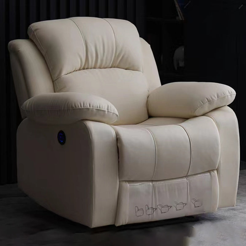 Solid Color Leather Standard Recliner Wood Frame Manual-Handle Recliner Chair Off-White Clearhalo 'Chairs & Seating' 'furn' 'furn_recliners' 'Furniture' 'Living Room Furniture' 'Recliners' 7290809