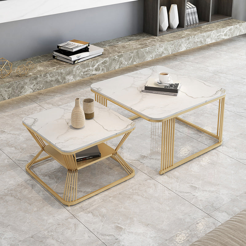 Square Coffee Table Slate Nesting Coffee Table Set with Storage White Gold Clearhalo 'Coffee & Accent Tables' 'Coffee Tables' 'coffee_tables' 'furn' 'furn_coffee_tables' 'Furniture' 'Living Room Furniture' 7296605