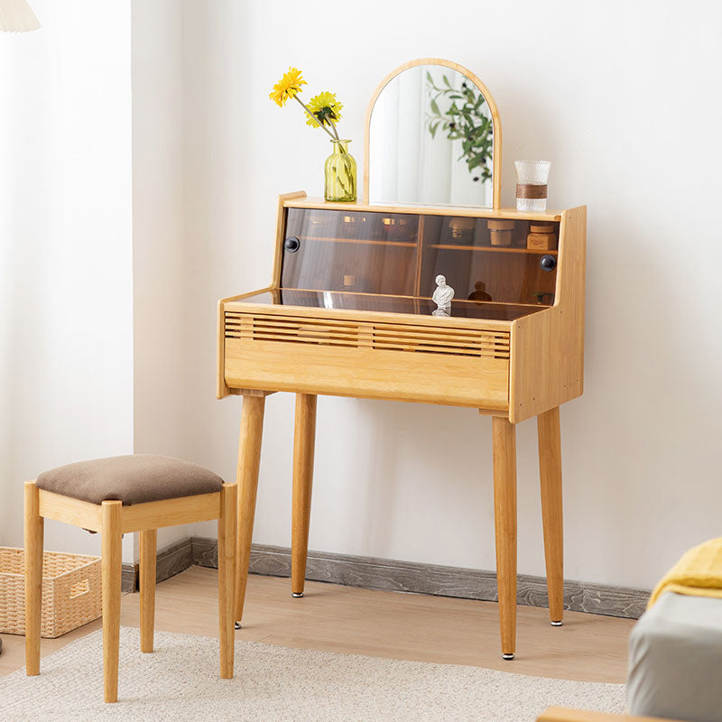 Modern Drawer Dressing Table Solid Wood Dresser Mirrored Vanity in Brone Makeup Vanity & Stools 28"L x 17"W x 48"H Natural Clearhalo 'Bedroom Furniture' 'furn' 'furn_makeup_vanities' 'Furniture' 'Makeup Vanities' 'makeup_vanities' 7305651