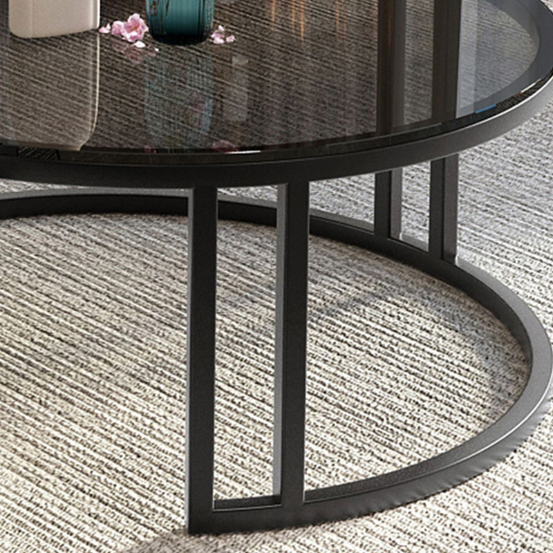Table basse ronde avec plateau en verre, ensemble de 2 tables basses gigognes avec rangement