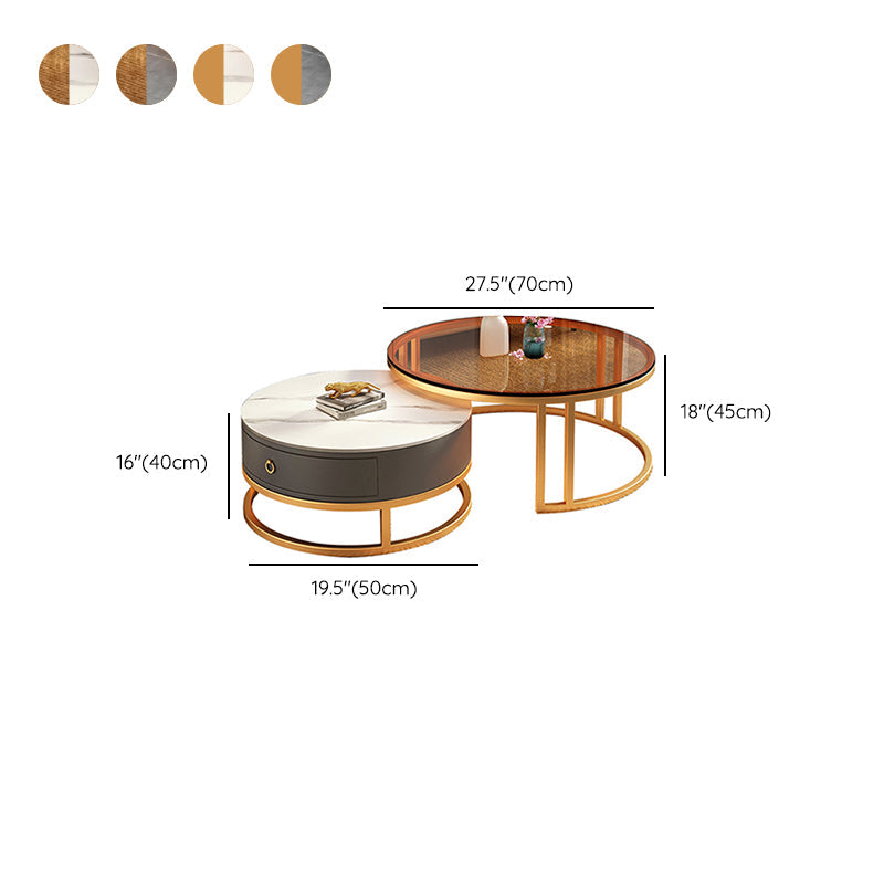 Table basse ronde avec plateau en verre, ensemble de 2 tables basses gigognes avec rangement