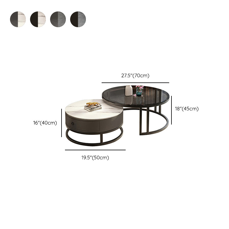 Table basse ronde avec plateau en verre, ensemble de 2 tables basses gigognes avec rangement