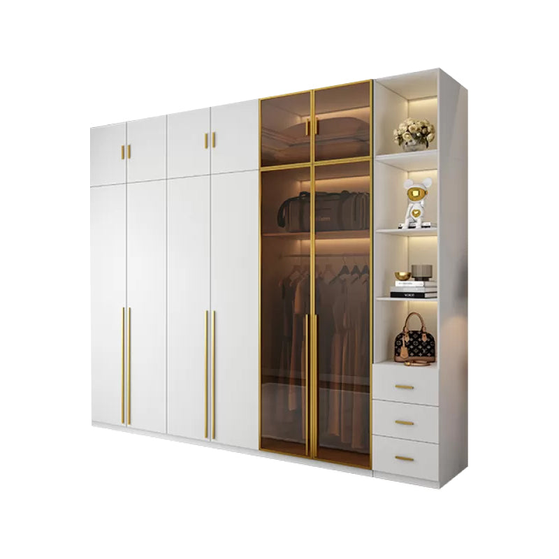 Modern White Wood Frame Wardrobe Armoire Freestanding Wardrobe with Soft Close Drawers Armoire & Side Cabinet & Top Cabinet 95"L x 24"W x 83"H Clearhalo 'Armoires & Wardrobes' 'armoires_wardrobes' 'Bedroom Furniture' 'furn' 'furn_armoires_wardrobes' 'Furniture' 7310497