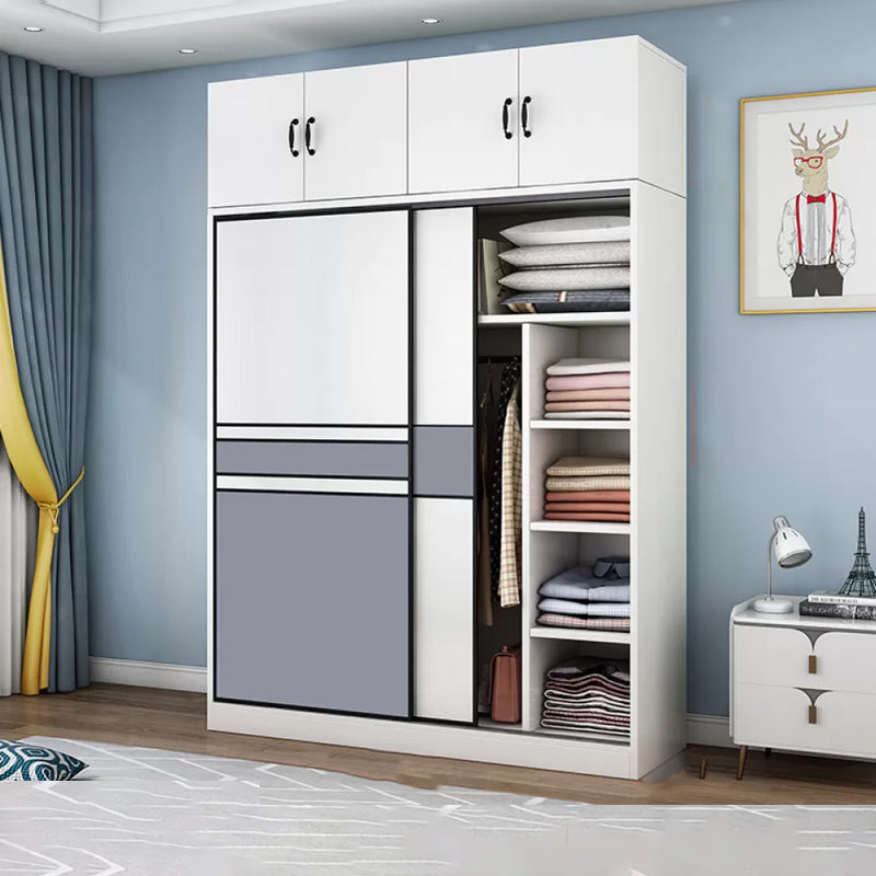 Freestanding Wood Frame Wardrobe Armoire Sliding Soft Close Doors Wardrobe Armoire with Top Cabinet 55"L x 20"W x 79"H Clearhalo 'Armoires & Wardrobes' 'armoires_wardrobes' 'Bedroom Furniture' 'furn' 'furn_armoires_wardrobes' 'Furniture' 7310528