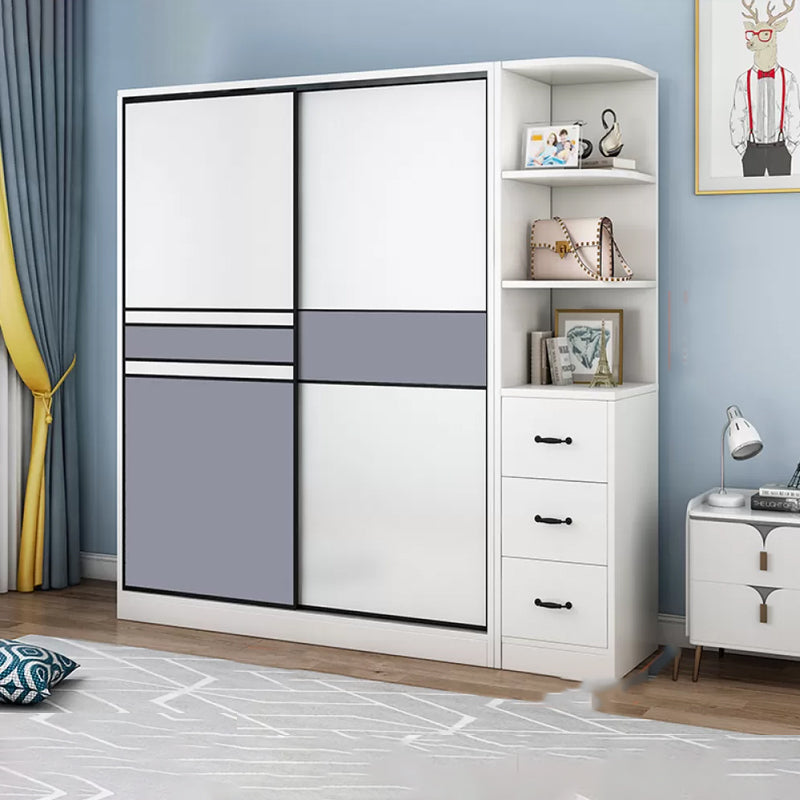 Freestanding Wood Frame Wardrobe Armoire Sliding Soft Close Doors Wardrobe Armoire with Side Cabinet Clearhalo 'Armoires & Wardrobes' 'armoires_wardrobes' 'Bedroom Furniture' 'furn' 'furn_armoires_wardrobes' 'Furniture' 7310532