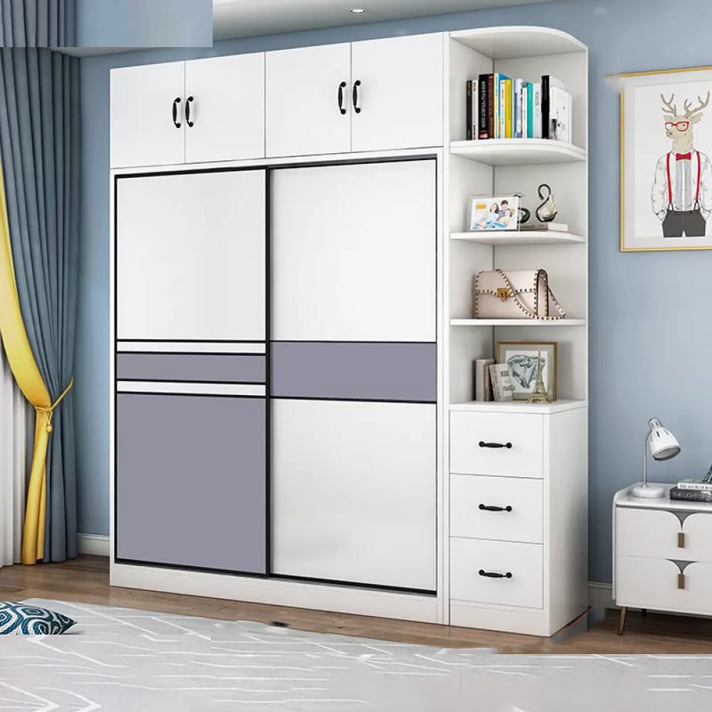Freestanding Wood Frame Wardrobe Armoire Sliding Soft Close Doors Wardrobe Armoire & Side Cabinet & Top Cabinet 55"L x 20"W x 79"H Clearhalo 'Armoires & Wardrobes' 'armoires_wardrobes' 'Bedroom Furniture' 'furn' 'furn_armoires_wardrobes' 'Furniture' 7310537