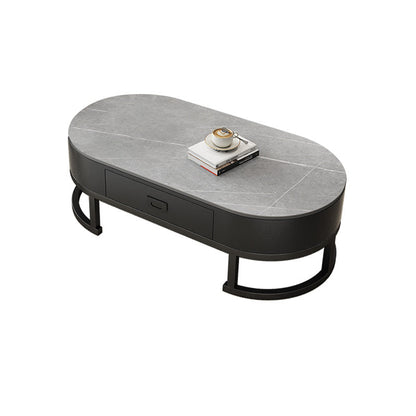 Oval White Coffee Table 2 Legs Slate Coffee Table with Metal Legs 39"L x 20"W x 15"H Clearhalo 'Coffee & Accent Tables' 'Coffee Tables' 'coffee_tables' 'furn' 'furn_coffee_tables' 'Furniture' 'Living Room Furniture' 7311914