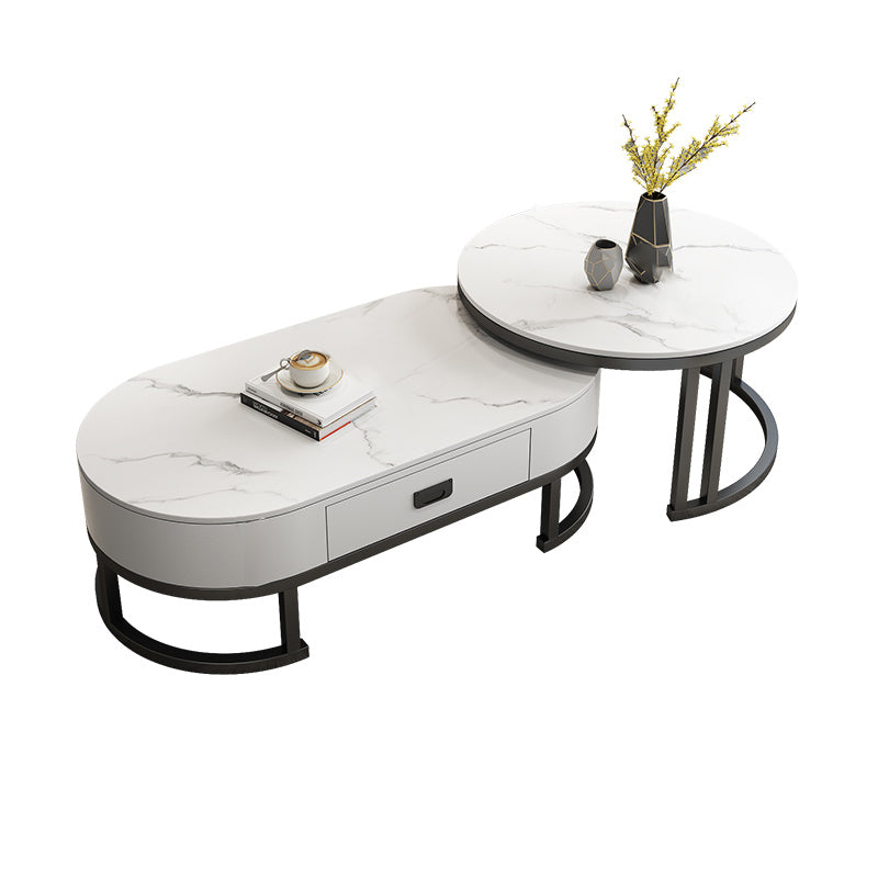 Oval White Coffee Table 2 Legs Slate Coffee Table with Metal Legs 47"L x 24"W x 15"H+31"L x 31"W x 18"H Clearhalo 'Coffee & Accent Tables' 'Coffee Tables' 'coffee_tables' 'furn' 'furn_coffee_tables' 'Furniture' 'Living Room Furniture' 7311917