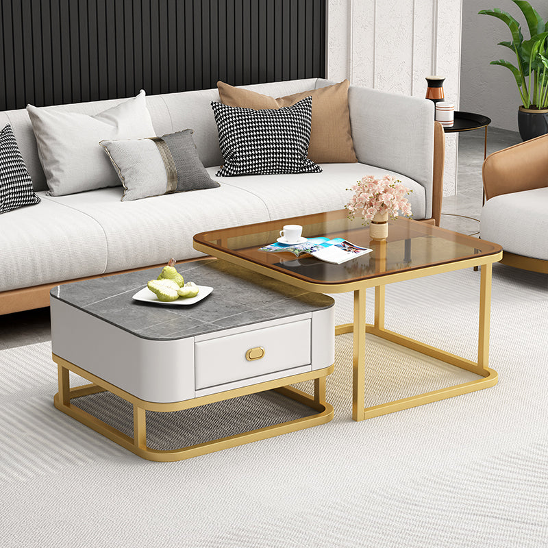 Square Coffee Table Frame Glass Top Coffee Table with Metal Legs Gold-grey Clearhalo 'Coffee & Accent Tables' 'Coffee Tables' 'coffee_tables' 'furn' 'furn_coffee_tables' 'Furniture' 'Living Room Furniture' 7311953