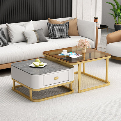 Square Coffee Table Frame Glass Top Coffee Table with Metal Legs Gold-grey Clearhalo 'Coffee & Accent Tables' 'Coffee Tables' 'coffee_tables' 'furn' 'furn_coffee_tables' 'Furniture' 'Living Room Furniture' 7311953
