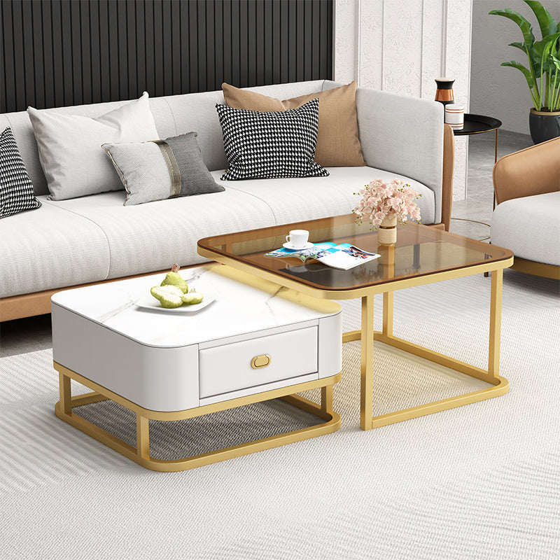 Square Coffee Table Frame Glass Top Coffee Table with Metal Legs Gold-White Clearhalo 'Coffee & Accent Tables' 'Coffee Tables' 'coffee_tables' 'furn' 'furn_coffee_tables' 'Furniture' 'Living Room Furniture' 7311955