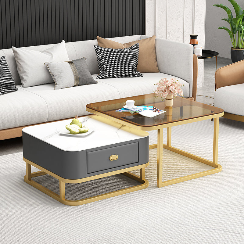 Square Coffee Table Frame Glass Top Coffee Table with Metal Legs Grey-Gold-White Clearhalo 'Coffee & Accent Tables' 'Coffee Tables' 'coffee_tables' 'furn' 'furn_coffee_tables' 'Furniture' 'Living Room Furniture' 7311957