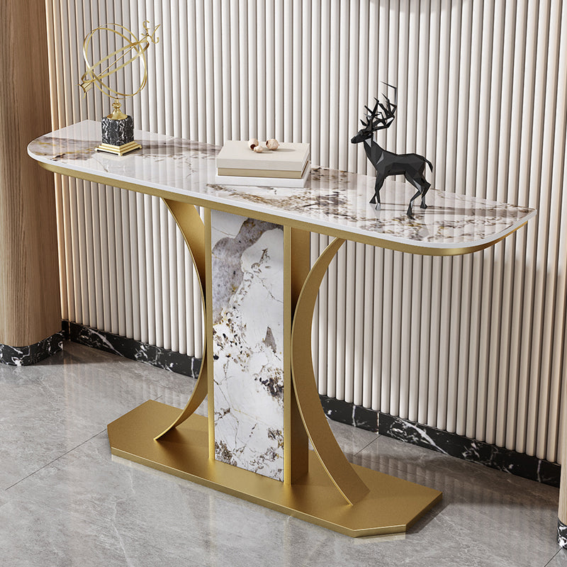 Glam Console Table Half Moon Stone Accent Table for Hall , 12 Inch Wide 59"L x 12"W x 31"H Gold White Clearhalo 'Console Tables' 'console_tables' 'Entry & Mudroom Furniture' 'furn' 'furn_console_tables' 'Furniture' 7317234