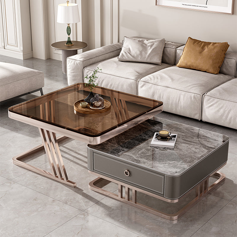 Square Coffee Table Glass Top Coffee Table Set with Golden Legs Brown-Grey Clearhalo 'Coffee & Accent Tables' 'Coffee Tables' 'coffee_tables' 'furn' 'furn_coffee_tables' 'Furniture' 'Living Room Furniture' 7317585
