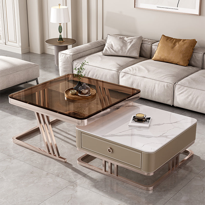 Square Coffee Table Glass Top Coffee Table Set with Golden Legs White-Brown Clearhalo 'Coffee & Accent Tables' 'Coffee Tables' 'coffee_tables' 'furn' 'furn_coffee_tables' 'Furniture' 'Living Room Furniture' 7317587