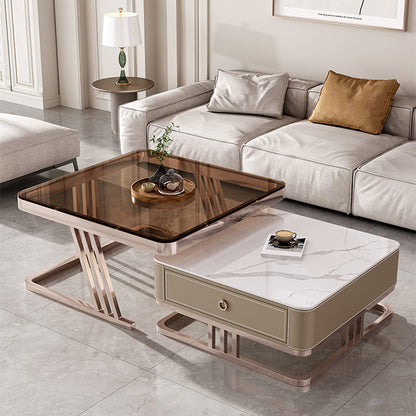 Square Coffee Table Glass Top Coffee Table Set with Golden Legs White-Brown Clearhalo 'Coffee & Accent Tables' 'Coffee Tables' 'coffee_tables' 'furn' 'furn_coffee_tables' 'Furniture' 'Living Room Furniture' 7317587
