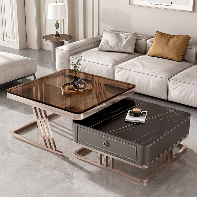 Square Coffee Table Glass Top Coffee Table Set with Golden Legs Black-Brown Clearhalo 'Coffee & Accent Tables' 'Coffee Tables' 'coffee_tables' 'furn' 'furn_coffee_tables' 'Furniture' 'Living Room Furniture' 7317589