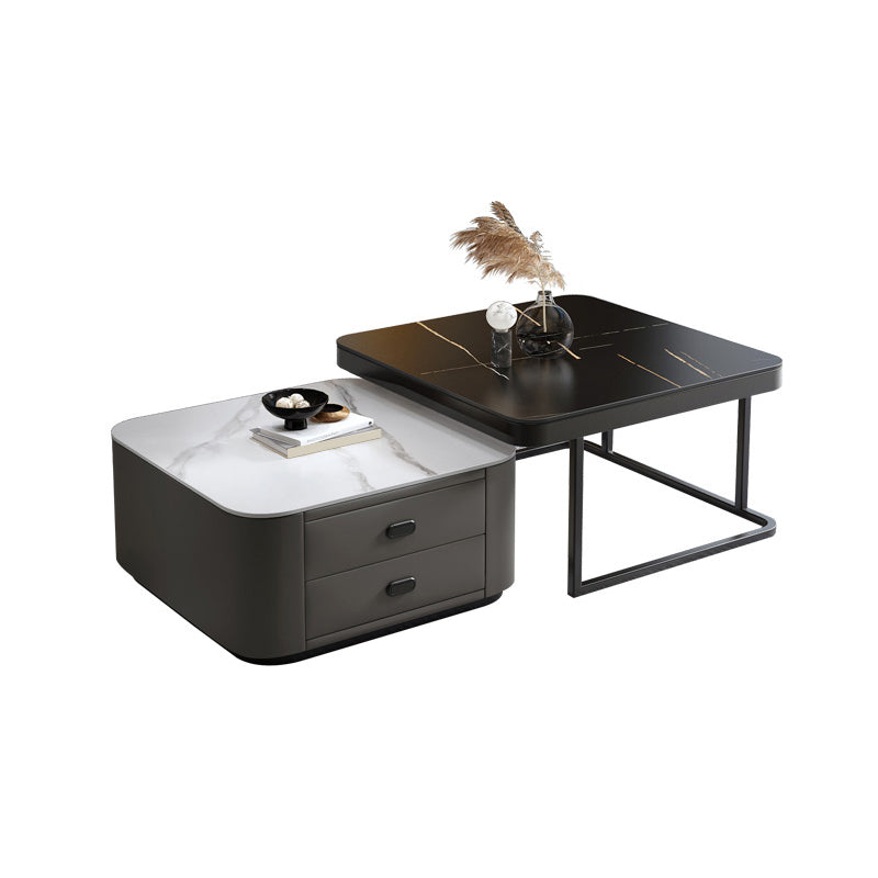 Square Coffee Table Glass Top Coffee Table Set for Living Room Black-White Stone Black Clearhalo 'Coffee & Accent Tables' 'Coffee Tables' 'coffee_tables' 'furn' 'furn_coffee_tables' 'Furniture' 'Living Room Furniture' 7317645