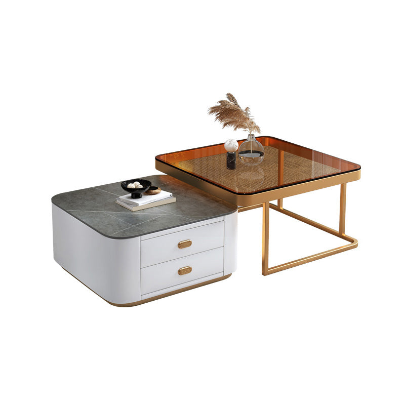 Square Coffee Table Glass Top Coffee Table Set for Living Room Beige Glass Gold Clearhalo 'Coffee & Accent Tables' 'Coffee Tables' 'coffee_tables' 'furn' 'furn_coffee_tables' 'Furniture' 'Living Room Furniture' 7317654