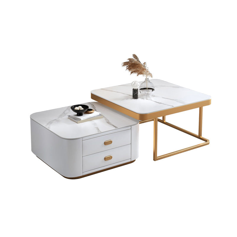Square Coffee Table Glass Top Coffee Table Set for Living Room White Stone Gold Clearhalo 'Coffee & Accent Tables' 'Coffee Tables' 'coffee_tables' 'furn' 'furn_coffee_tables' 'Furniture' 'Living Room Furniture' 7317656
