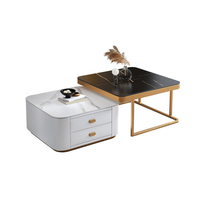 Square Coffee Table Glass Top Coffee Table Set for Living Room Black-White Stone Gold Clearhalo 'Coffee & Accent Tables' 'Coffee Tables' 'coffee_tables' 'furn' 'furn_coffee_tables' 'Furniture' 'Living Room Furniture' 7317658