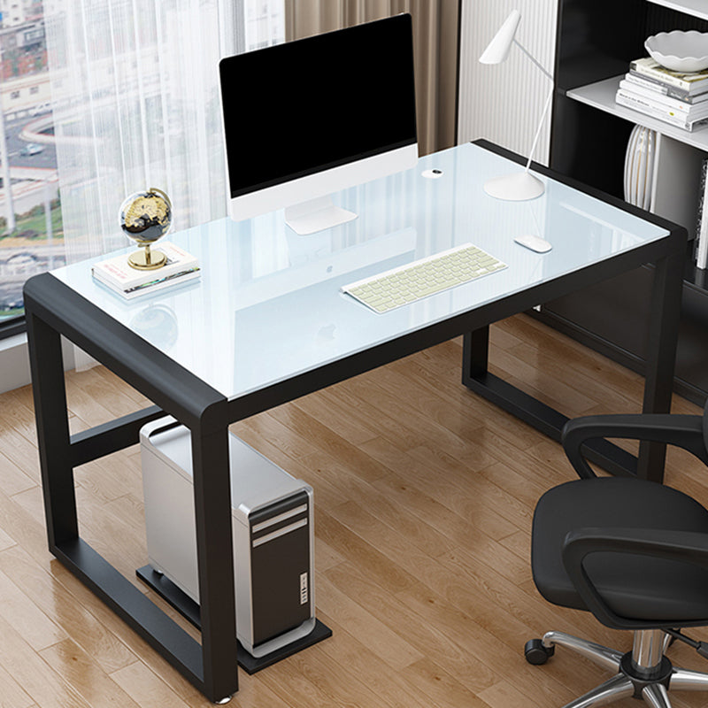 Contemporary Glass Top Computer Desk Sled Base 29.53-inch Tall Gaming Desk White-Black Clearhalo 'furn' 'furn_office_desk' 'Furniture' 'Office Desks' 'Office Furniture' 'office_desk' 7320594