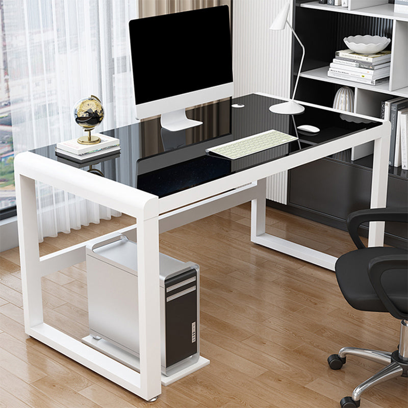 Contemporary Glass Top Computer Desk Sled Base 29.53-inch Tall Gaming Desk Black White Clearhalo 'furn' 'furn_office_desk' 'Furniture' 'Office Desks' 'Office Furniture' 'office_desk' 7320596
