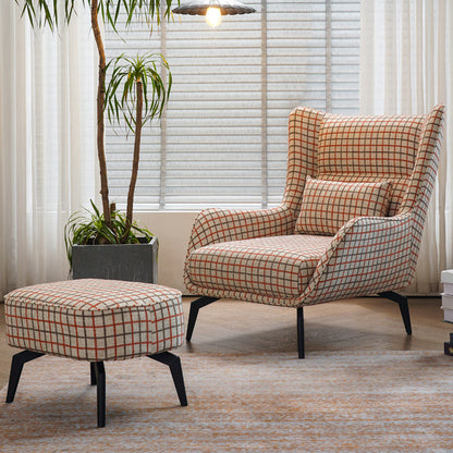 Fabric Lounge Chair Flared Arms Plaid Side Chair with Black Legs Pink Square Plaid Cotton and Linen 1 Piece Clearhalo 'Accent Chairs' 'accent_chairs' 'Chairs & Seating' 'furn' 'furn_accent_chairs' 'Furniture' 'Living Room Furniture' 7320695