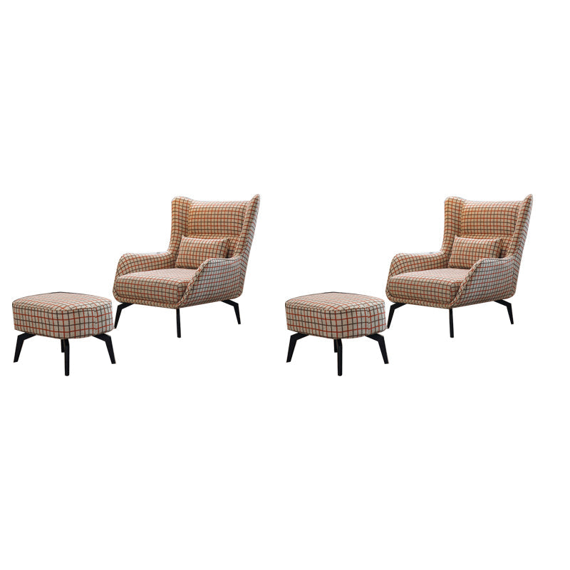 Fabric Lounge Chair Flared Arms Plaid Side Chair with Black Legs Pink Square Plaid Cotton and Linen 2 Piece Set Clearhalo 'Accent Chairs' 'accent_chairs' 'Chairs & Seating' 'furn' 'furn_accent_chairs' 'Furniture' 'Living Room Furniture' 7320696