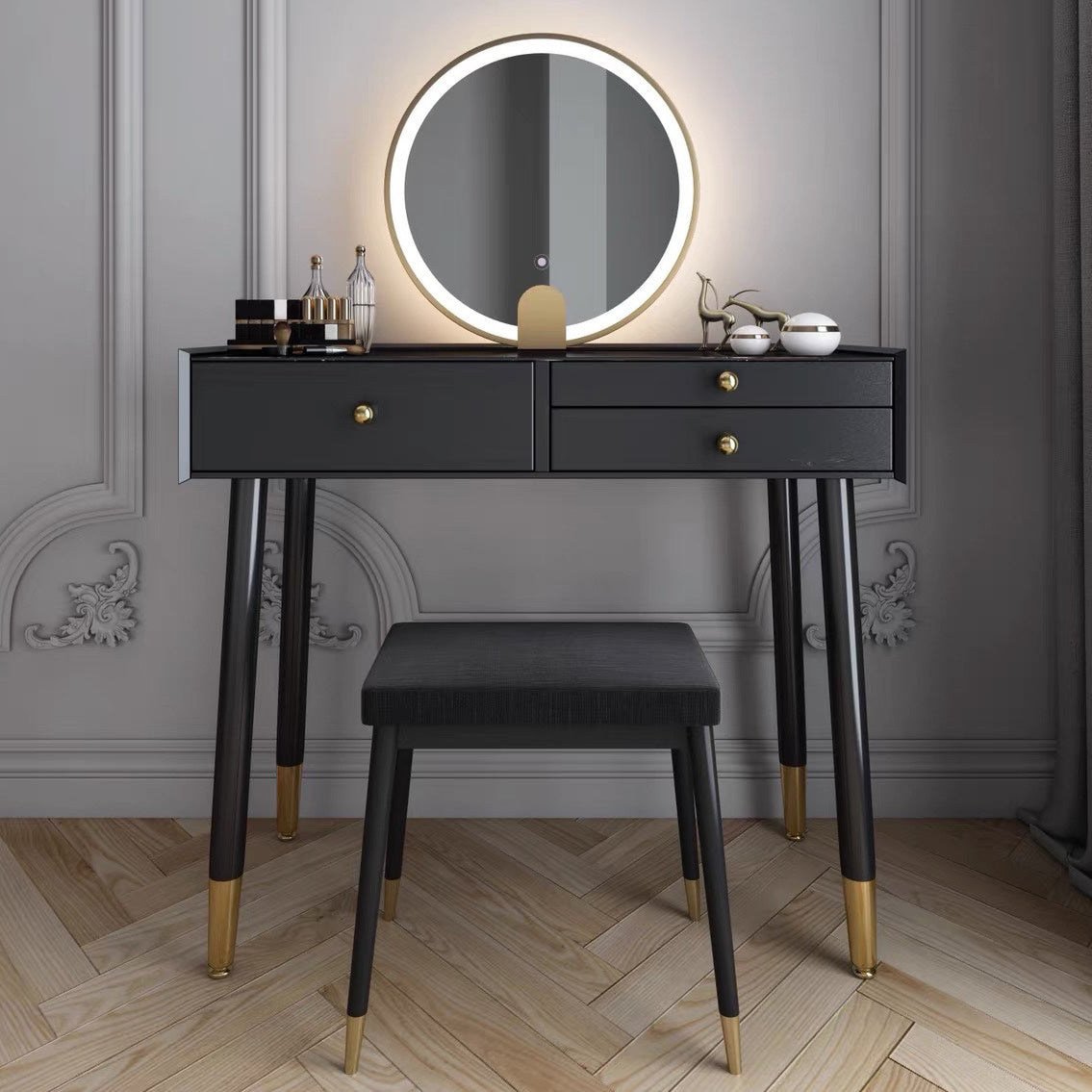 Scandinavian Lighted Mirror Makeup Vanity Desk in Wood Vanity Dressing Table Set Clearhalo 'Bedroom Furniture' 'furn' 'furn_makeup_vanities' 'Furniture' 'Makeup Vanities' 'makeup_vanities' 7323114