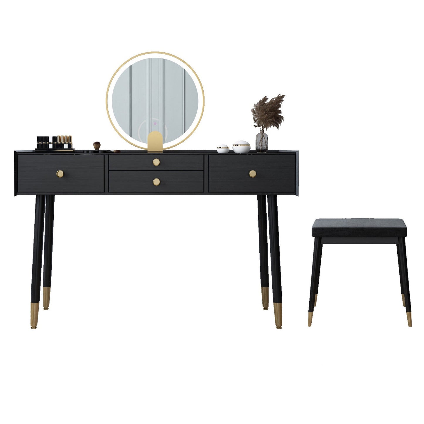 Scandinavian Lighted Mirror Makeup Vanity Desk in Wood Vanity Dressing Table Set Makeup Vanity & Mirror & Stools 47"L x 16"W x 30"H Black Clearhalo 'Bedroom Furniture' 'furn' 'furn_makeup_vanities' 'Furniture' 'Makeup Vanities' 'makeup_vanities' 7323115