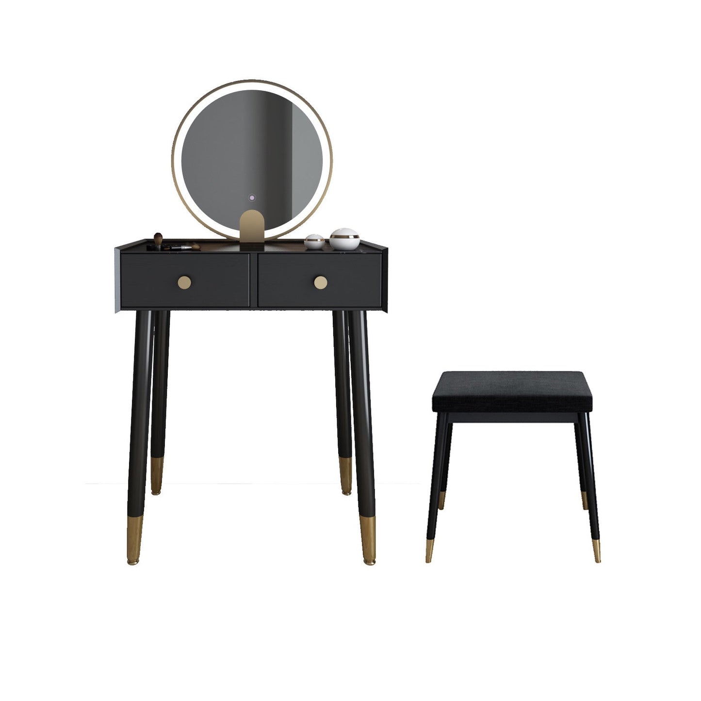 Scandinavian Lighted Mirror Makeup Vanity Desk in Wood Vanity Dressing Table Set Makeup Vanity & Mirror & Stools 24"L x 16"W x 30"H Black Clearhalo 'Bedroom Furniture' 'furn' 'furn_makeup_vanities' 'Furniture' 'Makeup Vanities' 'makeup_vanities' 7323117