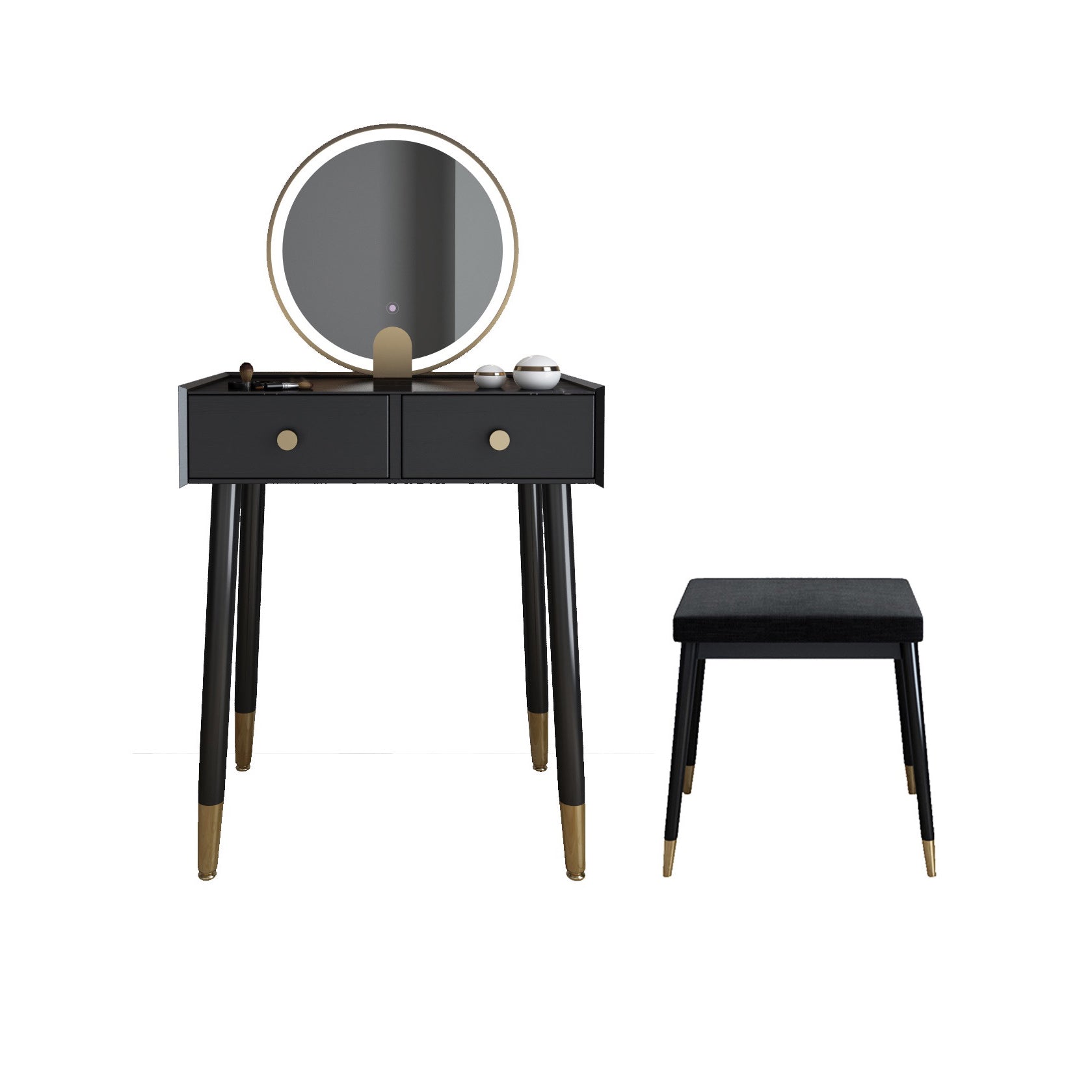 Scandinavian Lighted Mirror Makeup Vanity Desk in Wood Vanity Dressing Table Set Makeup Vanity & Mirror & Stools 24"L x 16"W x 30"H Black Clearhalo 'Bedroom Furniture' 'furn' 'furn_makeup_vanities' 'Furniture' 'Makeup Vanities' 'makeup_vanities' 7323117