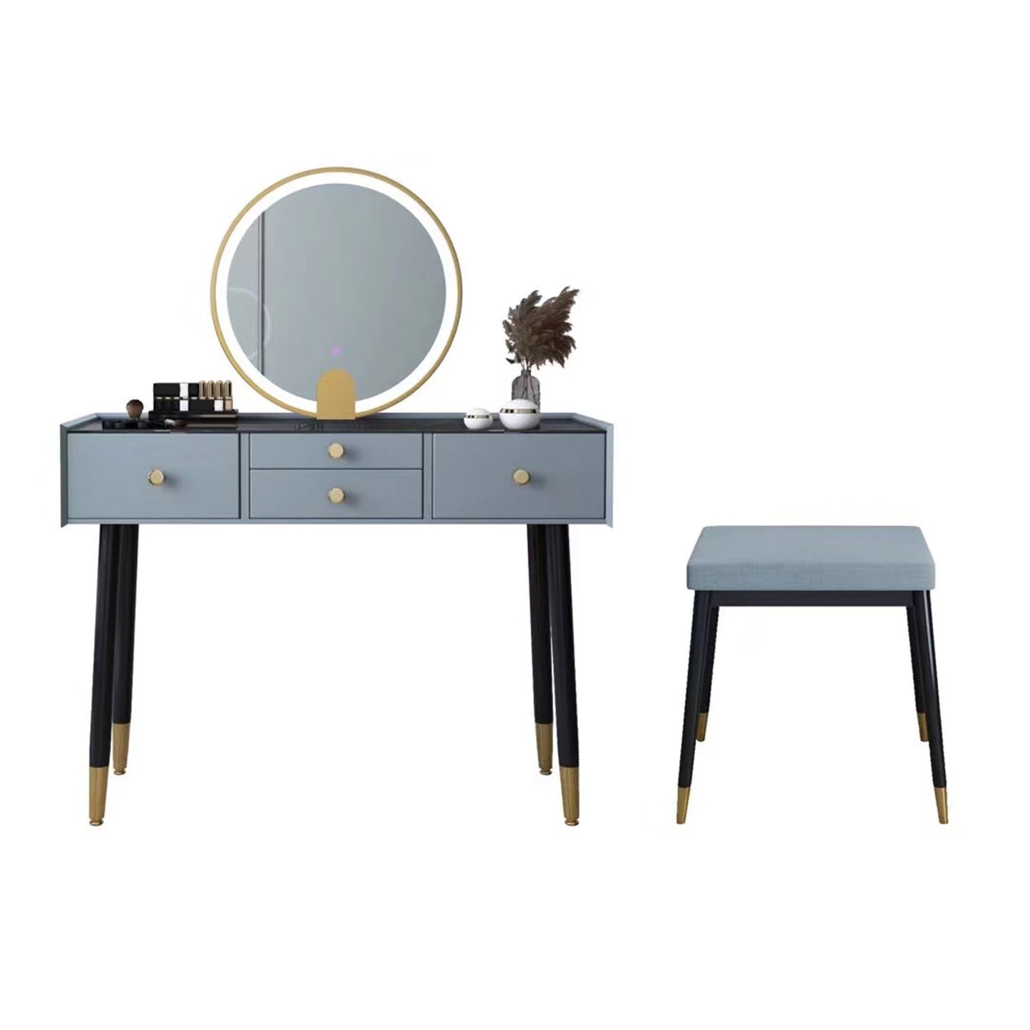 Scandinavian Lighted Mirror Makeup Vanity Desk in Wood Vanity Dressing Table Set Makeup Vanity & Mirror & Stools 39"L x 16"W x 30"H Grey Clearhalo 'Bedroom Furniture' 'furn' 'furn_makeup_vanities' 'Furniture' 'Makeup Vanities' 'makeup_vanities' 7323118
