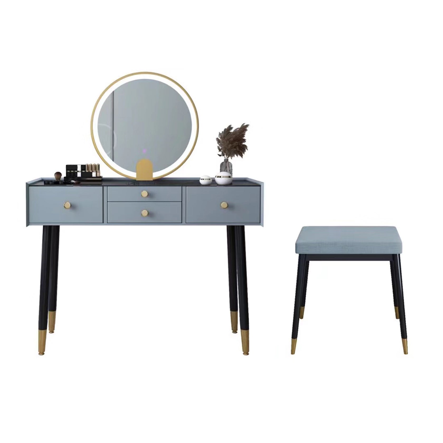 Scandinavian Lighted Mirror Makeup Vanity Desk in Wood Vanity Dressing Table Set Makeup Vanity & Mirror & Stools 39"L x 16"W x 30"H Grey Clearhalo 'Bedroom Furniture' 'furn' 'furn_makeup_vanities' 'Furniture' 'Makeup Vanities' 'makeup_vanities' 7323118