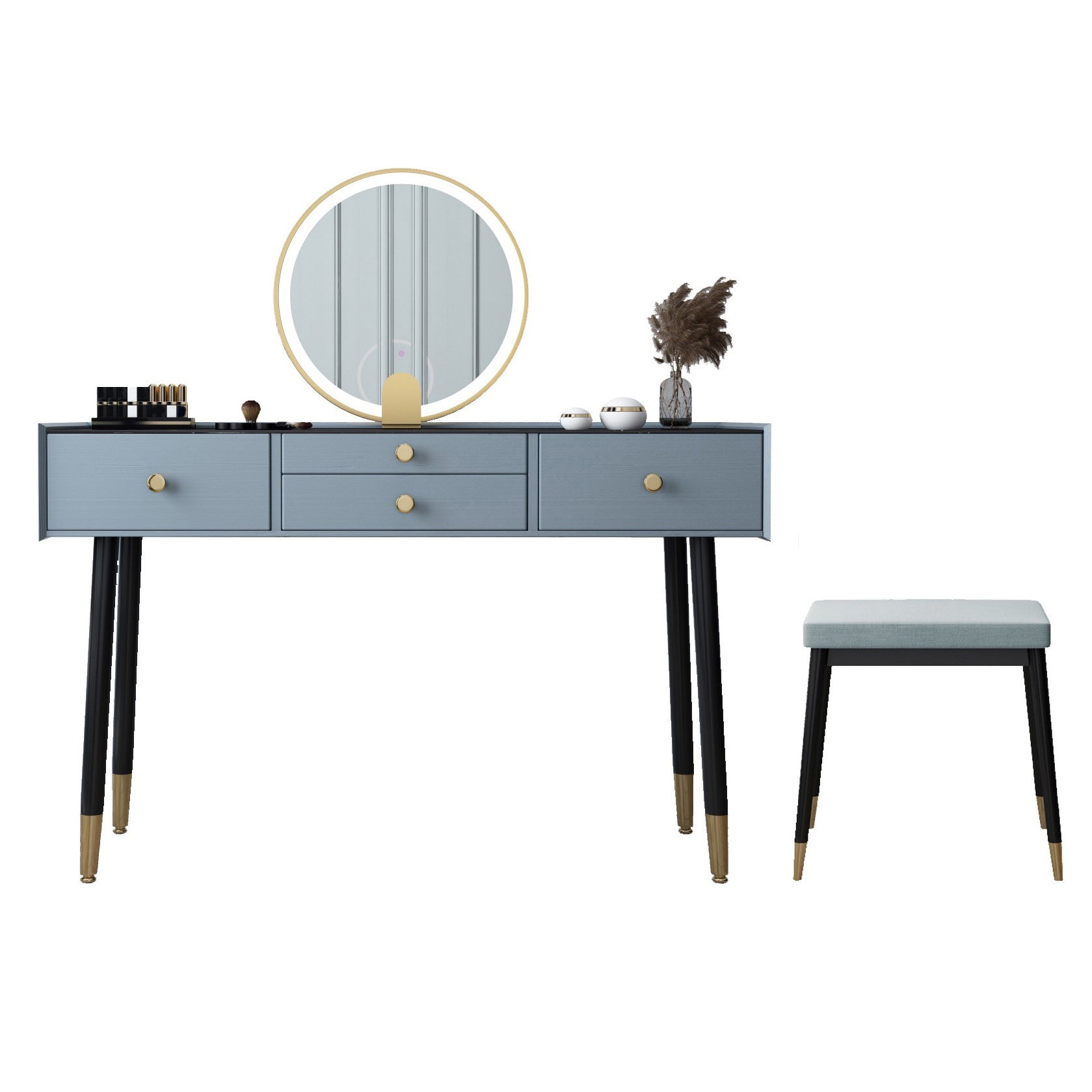 Scandinavian Lighted Mirror Makeup Vanity Desk in Wood Vanity Dressing Table Set Makeup Vanity & Mirror & Stools 47"L x 16"W x 30"H Grey Clearhalo 'Bedroom Furniture' 'furn' 'furn_makeup_vanities' 'Furniture' 'Makeup Vanities' 'makeup_vanities' 7323120