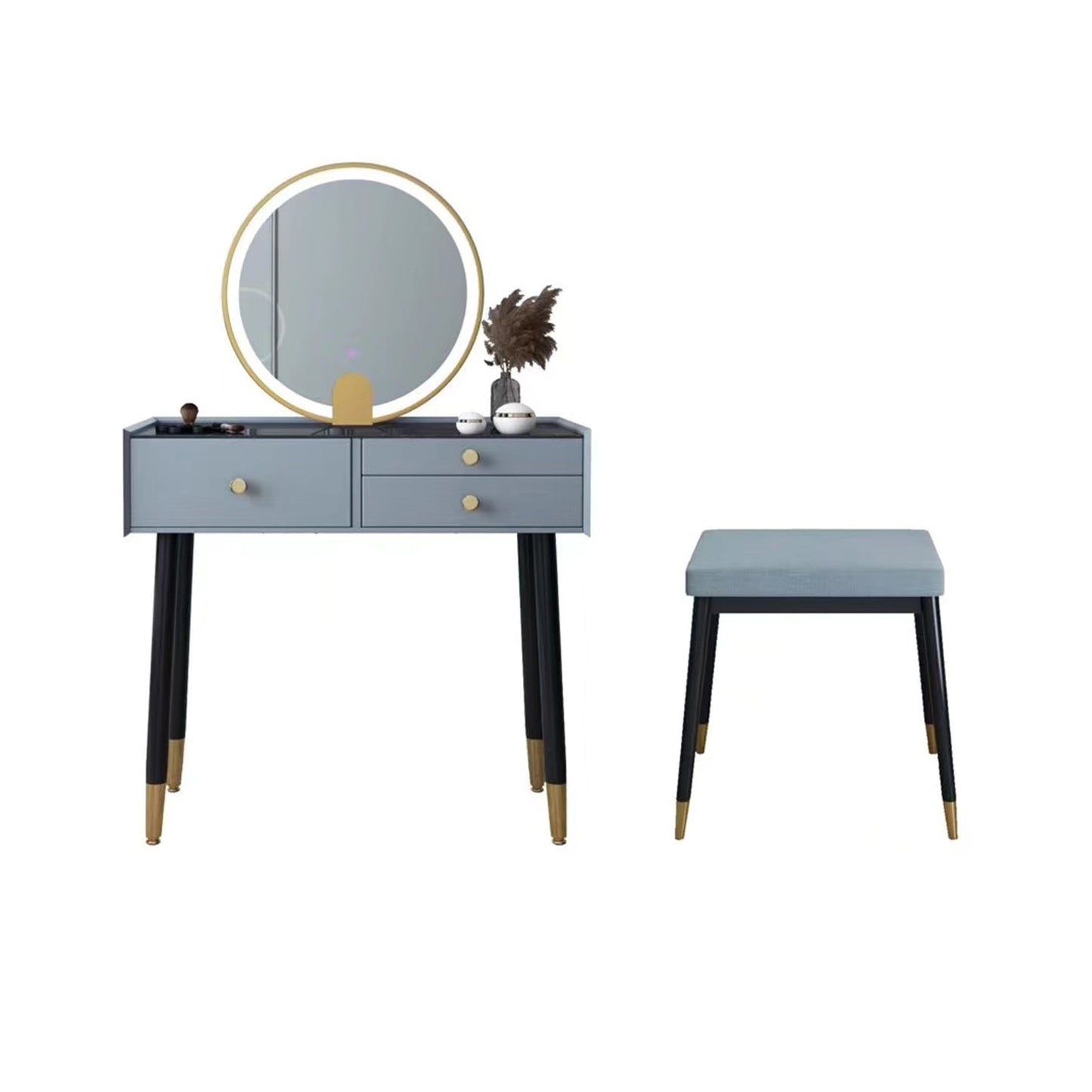 Scandinavian Lighted Mirror Makeup Vanity Desk in Wood Vanity Dressing Table Set Makeup Vanity & Mirror & Stools 31"L x 16"W x 30"H Grey Clearhalo 'Bedroom Furniture' 'furn' 'furn_makeup_vanities' 'Furniture' 'Makeup Vanities' 'makeup_vanities' 7323122