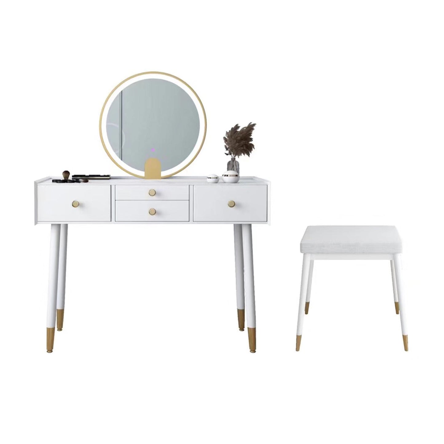 Scandinavian Lighted Mirror Makeup Vanity Desk in Wood Vanity Dressing Table Set Makeup Vanity & Mirror & Stools 39"L x 16"W x 30"H White Clearhalo 'Bedroom Furniture' 'furn' 'furn_makeup_vanities' 'Furniture' 'Makeup Vanities' 'makeup_vanities' 7323124
