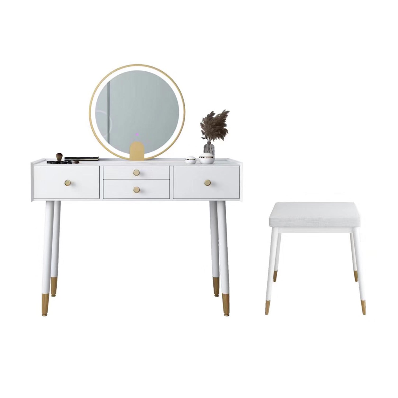 Scandinavian Lighted Mirror Makeup Vanity Desk in Wood Vanity Dressing Table Set Makeup Vanity & Mirror & Stools 39"L x 16"W x 30"H White Clearhalo 'Bedroom Furniture' 'furn' 'furn_makeup_vanities' 'Furniture' 'Makeup Vanities' 'makeup_vanities' 7323124