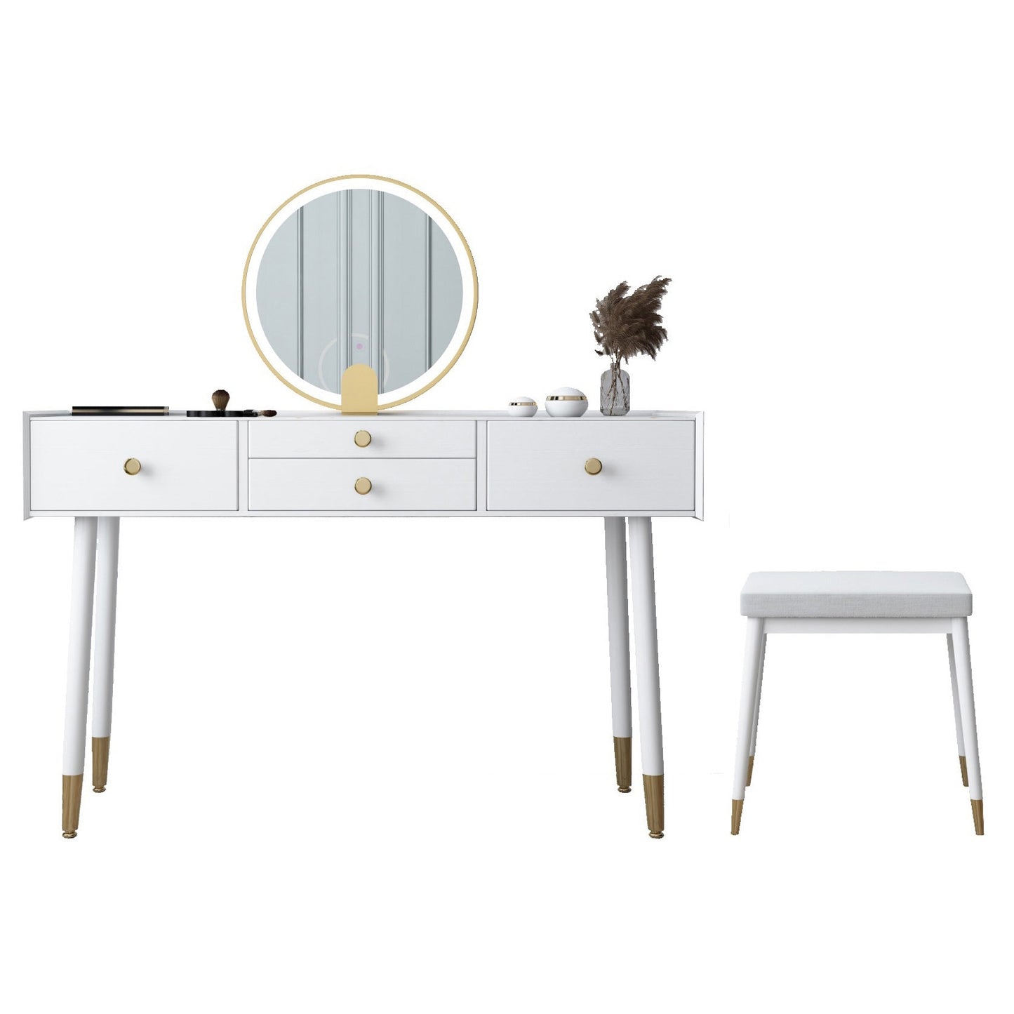 Scandinavian Lighted Mirror Makeup Vanity Desk in Wood Vanity Dressing Table Set Makeup Vanity & Mirror & Stools 47"L x 16"W x 30"H White Clearhalo 'Bedroom Furniture' 'furn' 'furn_makeup_vanities' 'Furniture' 'Makeup Vanities' 'makeup_vanities' 7323127