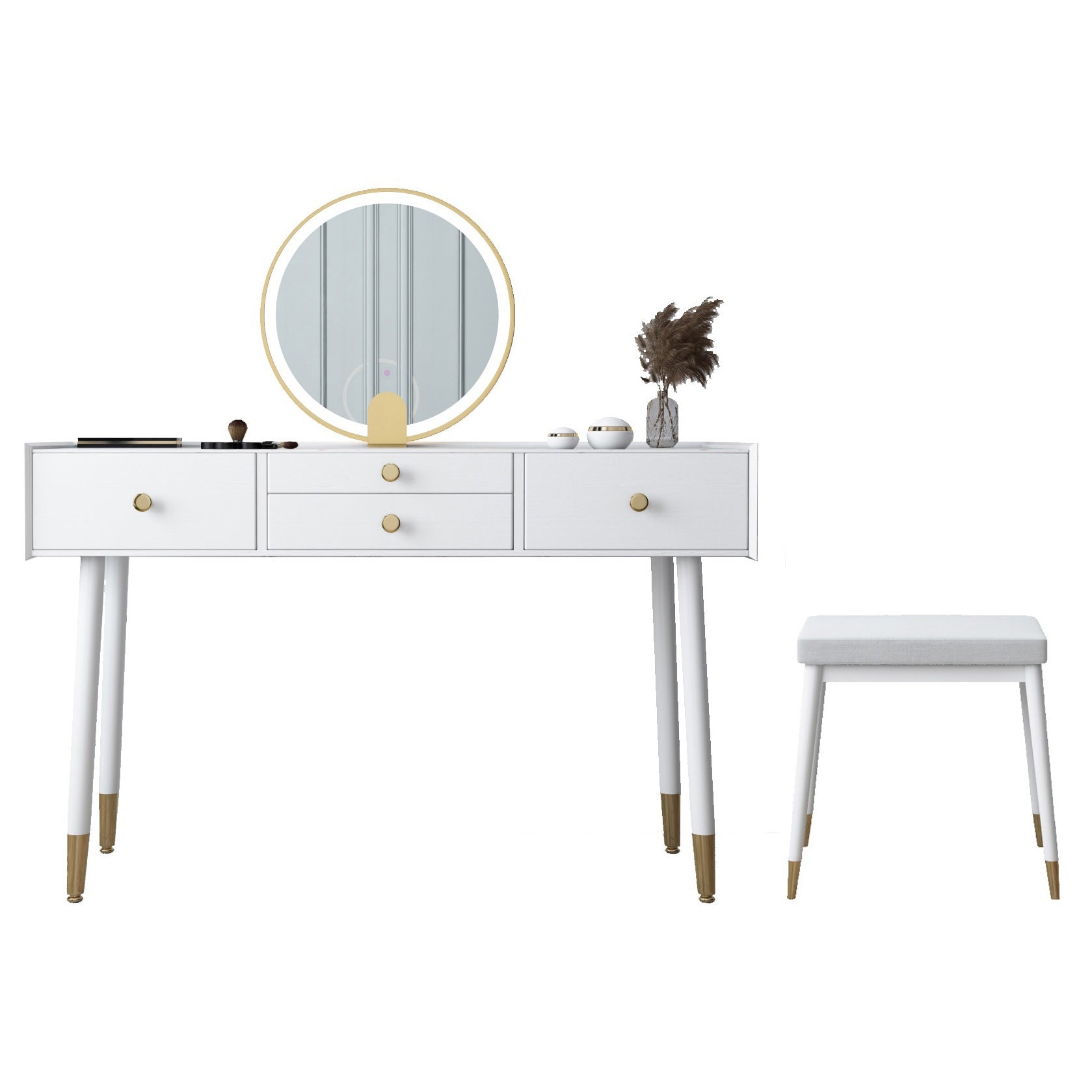 Scandinavian Lighted Mirror Makeup Vanity Desk in Wood Vanity Dressing Table Set Makeup Vanity & Mirror & Stools 47"L x 16"W x 30"H White Clearhalo 'Bedroom Furniture' 'furn' 'furn_makeup_vanities' 'Furniture' 'Makeup Vanities' 'makeup_vanities' 7323127