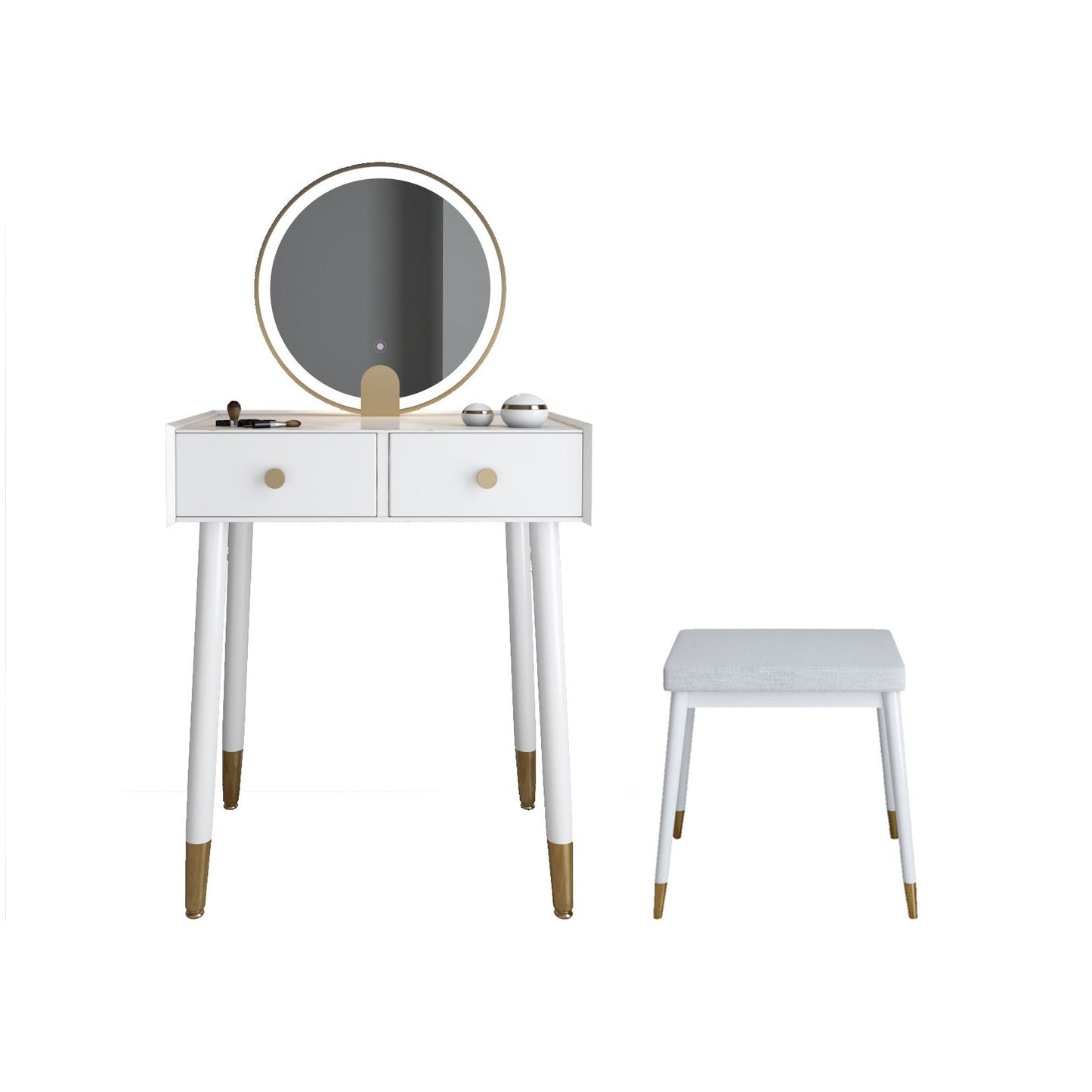 Scandinavian Lighted Mirror Makeup Vanity Desk in Wood Vanity Dressing Table Set Makeup Vanity & Mirror & Stools 24"L x 16"W x 30"H White Clearhalo 'Bedroom Furniture' 'furn' 'furn_makeup_vanities' 'Furniture' 'Makeup Vanities' 'makeup_vanities' 7323129