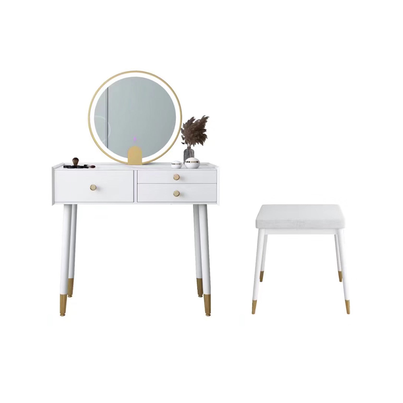 Scandinavian Lighted Mirror Makeup Vanity Desk in Wood Vanity Dressing Table Set Makeup Vanity & Mirror & Stools 31"L x 16"W x 30"H White Clearhalo 'Bedroom Furniture' 'furn' 'furn_makeup_vanities' 'Furniture' 'Makeup Vanities' 'makeup_vanities' 7323130