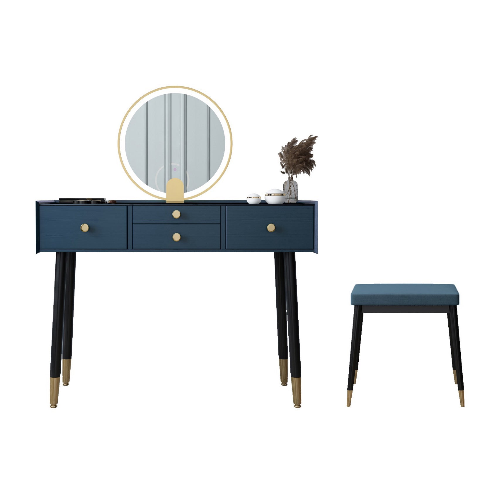 Scandinavian Lighted Mirror Makeup Vanity Desk in Wood Vanity Dressing Table Set Makeup Vanity & Mirror & Stools 39"L x 16"W x 30"H Blue Clearhalo 'Bedroom Furniture' 'furn' 'furn_makeup_vanities' 'Furniture' 'Makeup Vanities' 'makeup_vanities' 7323131