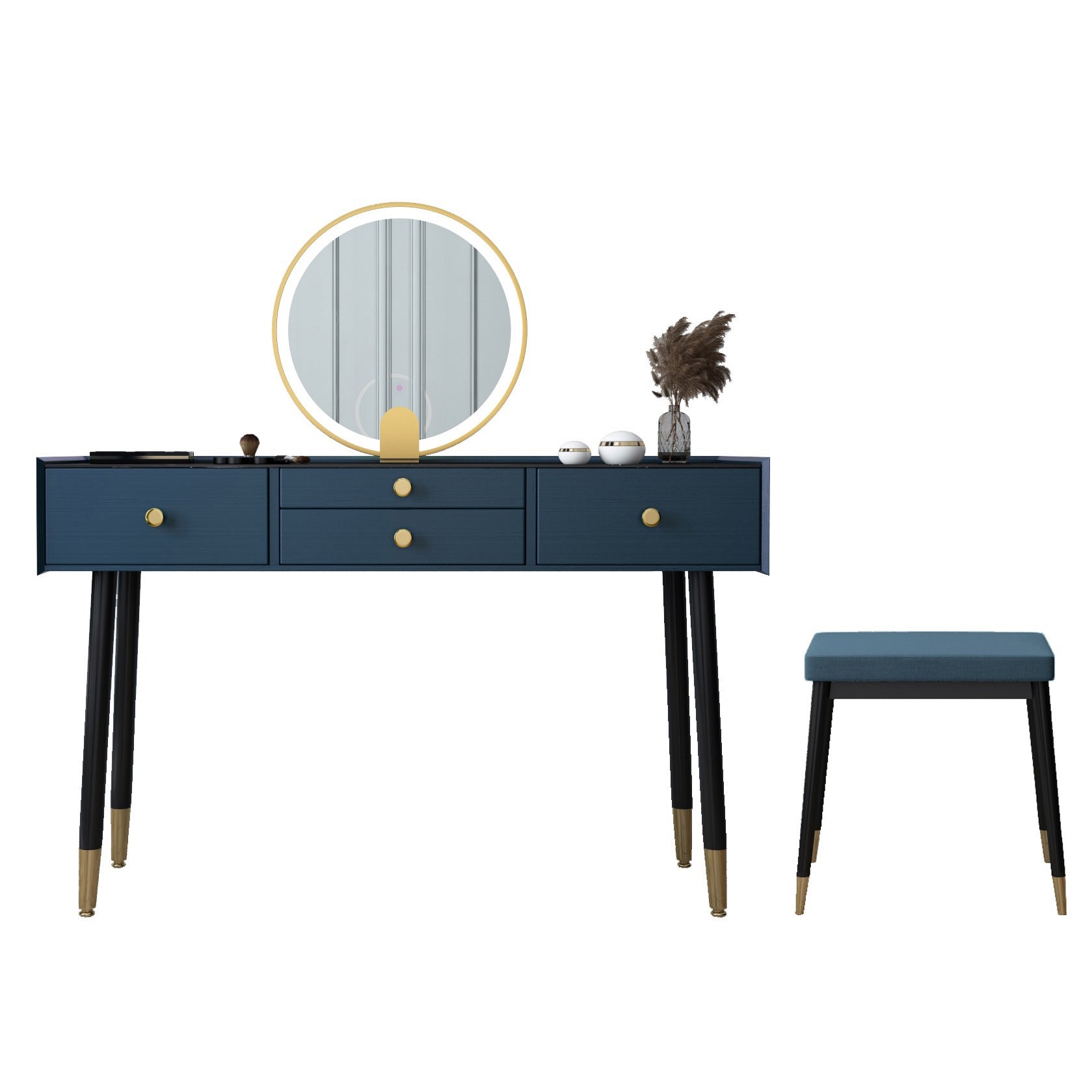 Scandinavian Lighted Mirror Makeup Vanity Desk in Wood Vanity Dressing Table Set Makeup Vanity & Mirror & Stools 47"L x 16"W x 30"H Blue Clearhalo 'Bedroom Furniture' 'furn' 'furn_makeup_vanities' 'Furniture' 'Makeup Vanities' 'makeup_vanities' 7323132