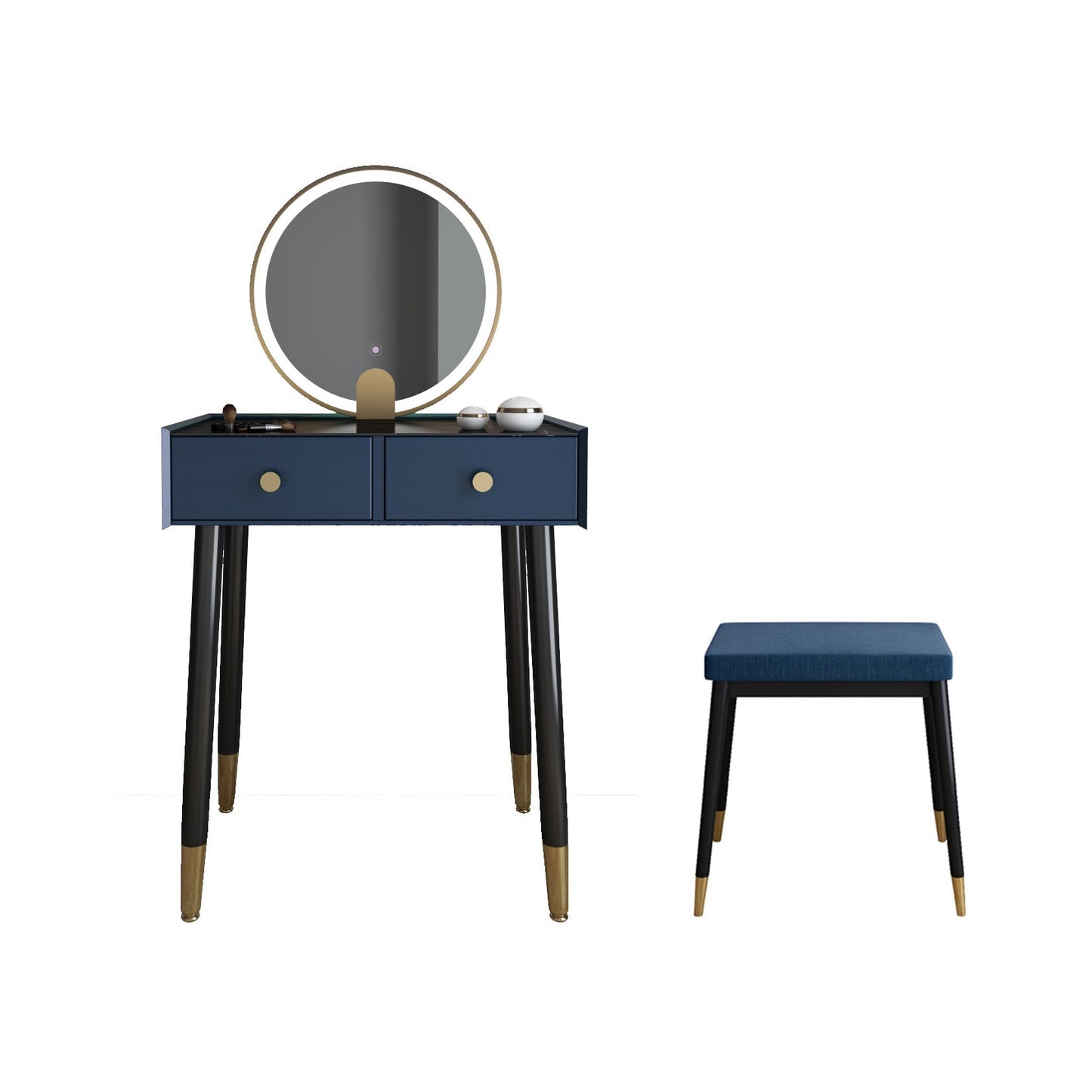 Scandinavian Lighted Mirror Makeup Vanity Desk in Wood Vanity Dressing Table Set Makeup Vanity & Mirror & Stools 24"L x 16"W x 30"H Blue Clearhalo 'Bedroom Furniture' 'furn' 'furn_makeup_vanities' 'Furniture' 'Makeup Vanities' 'makeup_vanities' 7323133