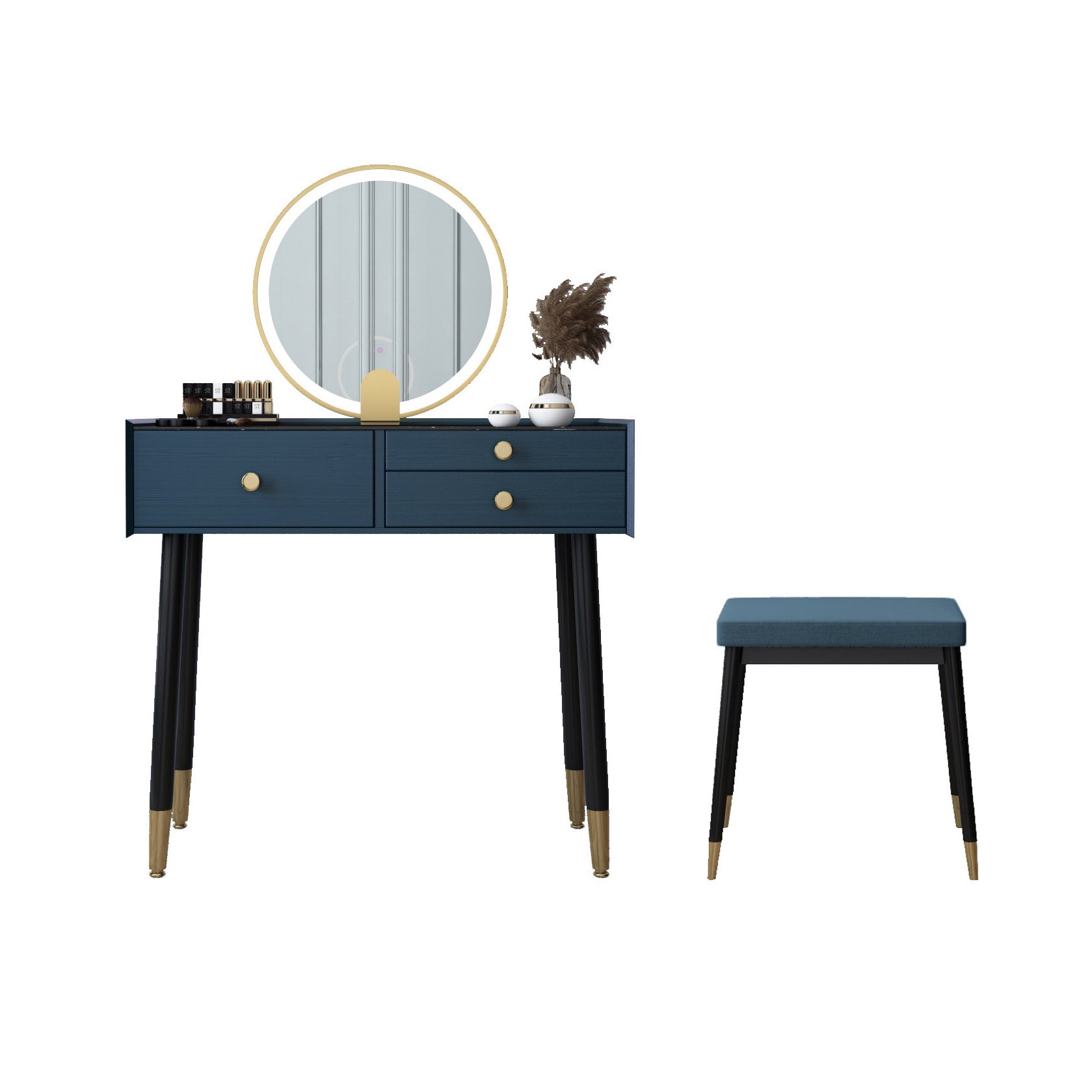 Scandinavian Lighted Mirror Makeup Vanity Desk in Wood Vanity Dressing Table Set Makeup Vanity & Mirror & Stools 31"L x 16"W x 30"H Blue Clearhalo 'Bedroom Furniture' 'furn' 'furn_makeup_vanities' 'Furniture' 'Makeup Vanities' 'makeup_vanities' 7323134