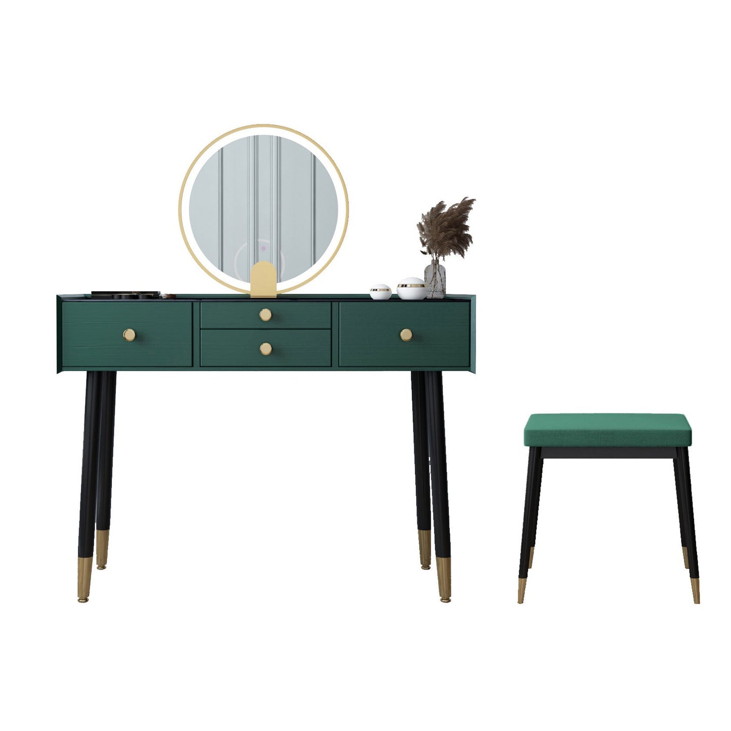 Scandinavian Lighted Mirror Makeup Vanity Desk in Wood Vanity Dressing Table Set Makeup Vanity & Mirror & Stools 39"L x 16"W x 30"H Green Clearhalo 'Bedroom Furniture' 'furn' 'furn_makeup_vanities' 'Furniture' 'Makeup Vanities' 'makeup_vanities' 7323135
