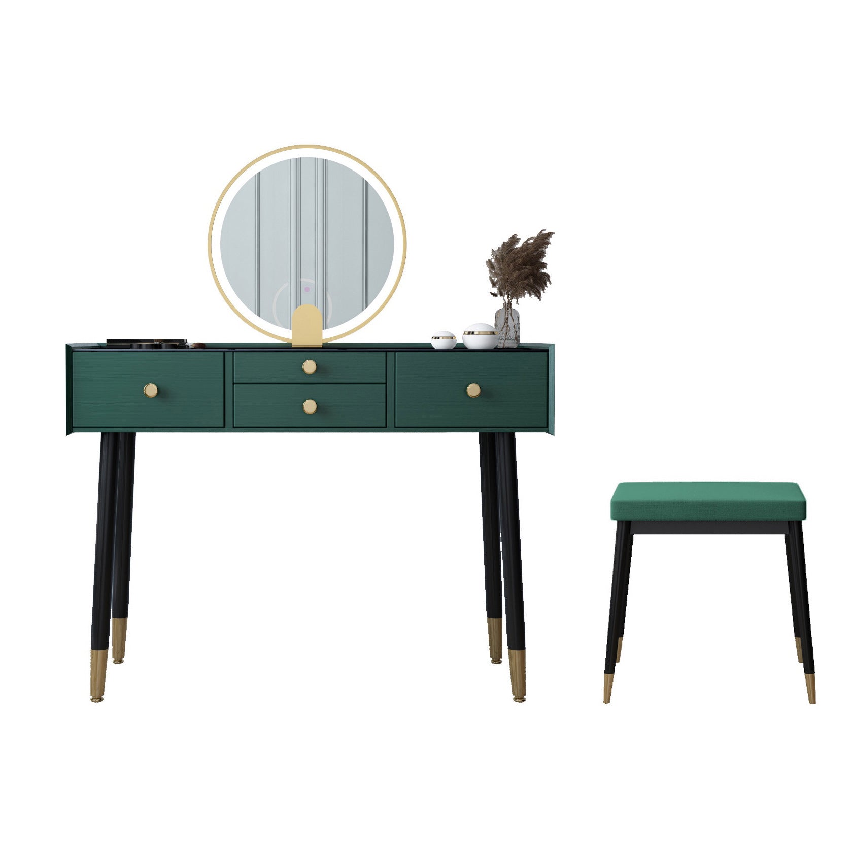 Scandinavian Lighted Mirror Makeup Vanity Desk in Wood Vanity Dressing Table Set Makeup Vanity & Mirror & Stools 39"L x 16"W x 30"H Green Clearhalo 'Bedroom Furniture' 'furn' 'furn_makeup_vanities' 'Furniture' 'Makeup Vanities' 'makeup_vanities' 7323135