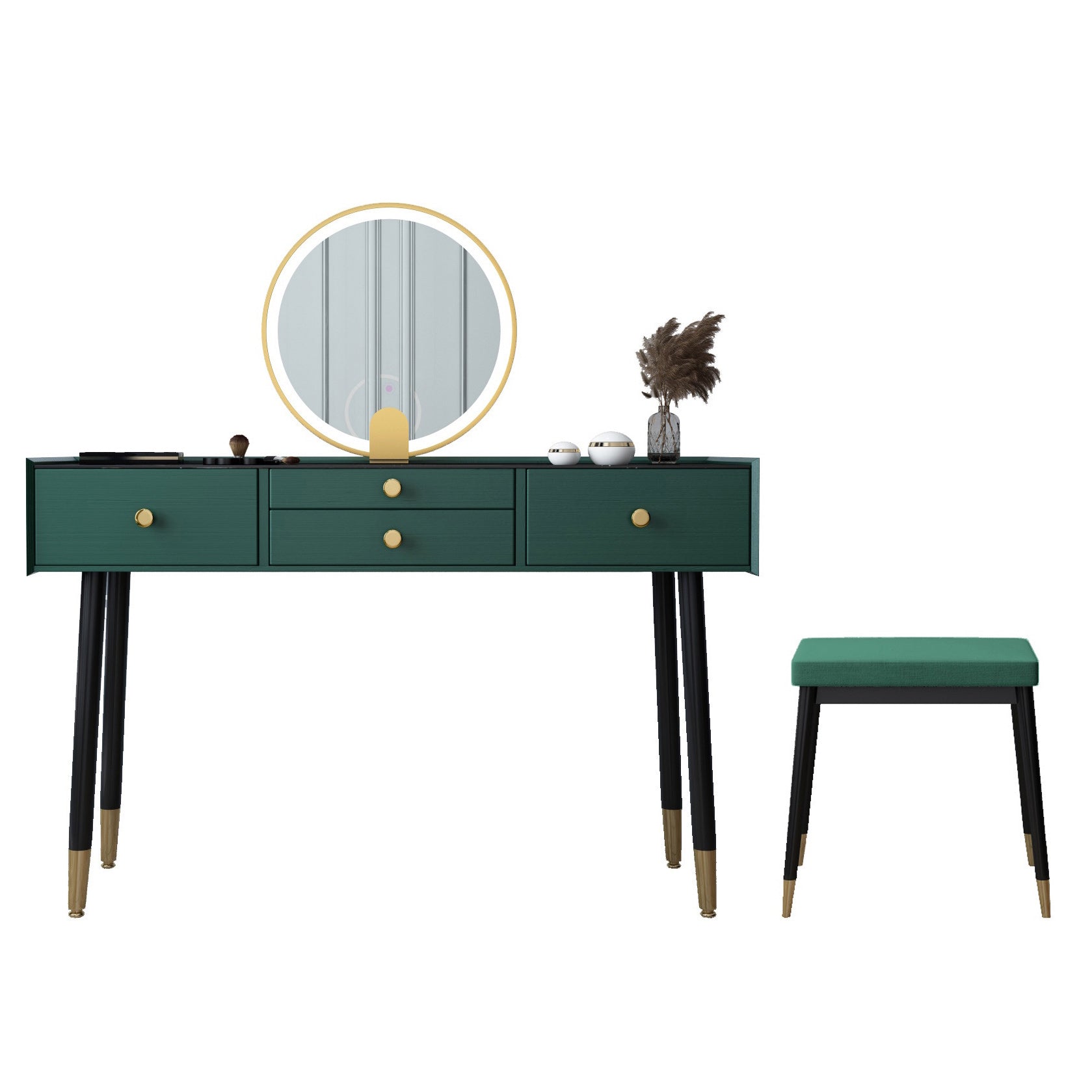 Scandinavian Lighted Mirror Makeup Vanity Desk in Wood Vanity Dressing Table Set Makeup Vanity & Mirror & Stools 47"L x 16"W x 30"H Green Clearhalo 'Bedroom Furniture' 'furn' 'furn_makeup_vanities' 'Furniture' 'Makeup Vanities' 'makeup_vanities' 7323136